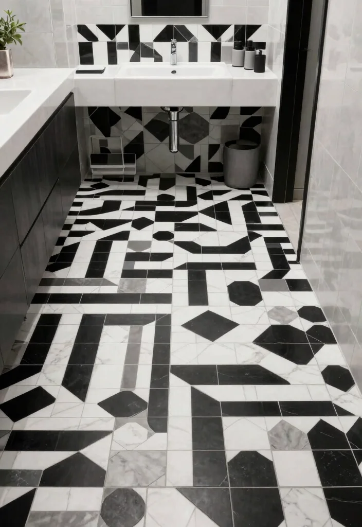 12 White and Black Bathroom Ideas with Modern Contrast 2. Monochrome Tile Patterns 0