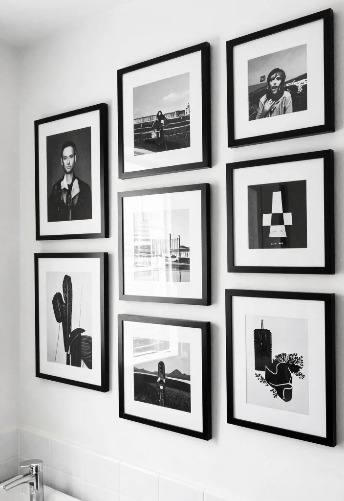 12 White and Black Bathroom Ideas with Modern Contrast 5. Artistic Wall Art 0