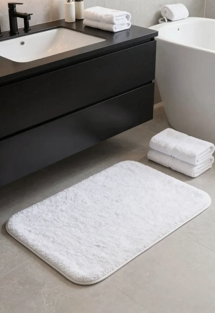 12 White and Black Bathroom Ideas with Modern Contrast 7. Sophisticated Bath Mats 0