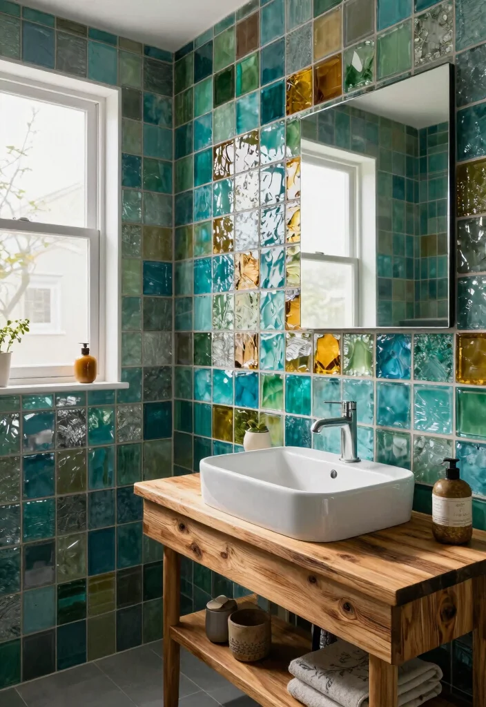 14 Bathroom Wall Tile Ideas for Texture and Lasting Style 3. Recycled Glass Tiles for Vibrant Colors 0