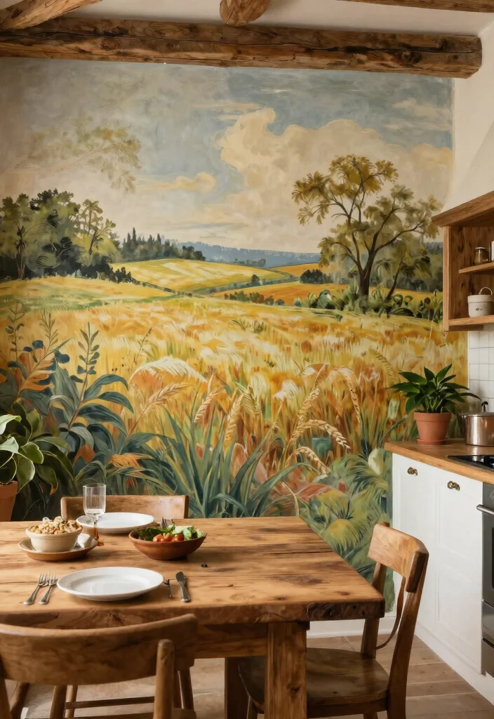 14 Kitchen Feature Wall Ideas to Add Visual Interest 11. Rustic Mural or Wall Art 0