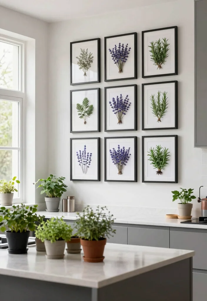 14 Kitchen Feature Wall Ideas to Add Visual Interest 9. Modern Gallery with Framed Herbs 0