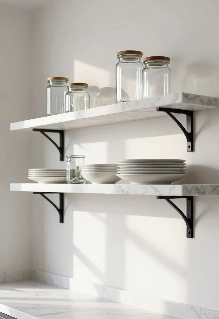 14 Marble Kitchen Ideas for a Luxe Modern Finish 5. Open Shelving with Marble Touches 0