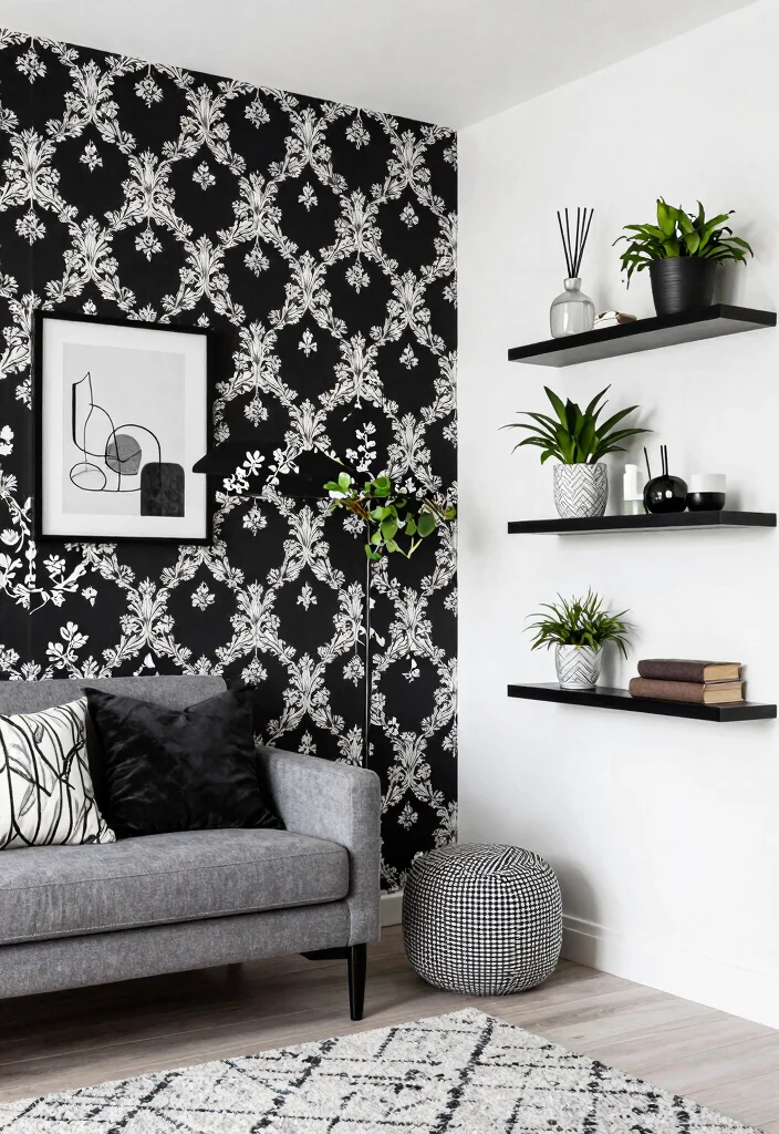 14 Modern Black and White Living Room Ideas with Contrast 10. Monochromatic Wall Treatments 0