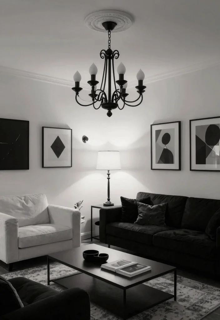 14 Modern Black and White Living Room Ideas with Contrast 12. Layering Lighting 0