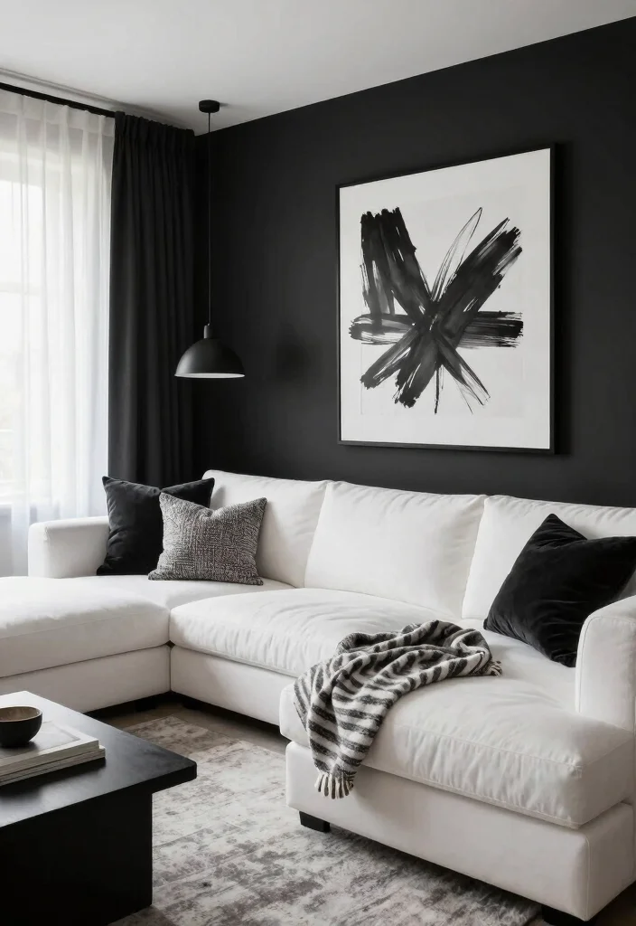 14 Modern Black and White Living Room Ideas with Contrast 2. Bold Black Walls 0