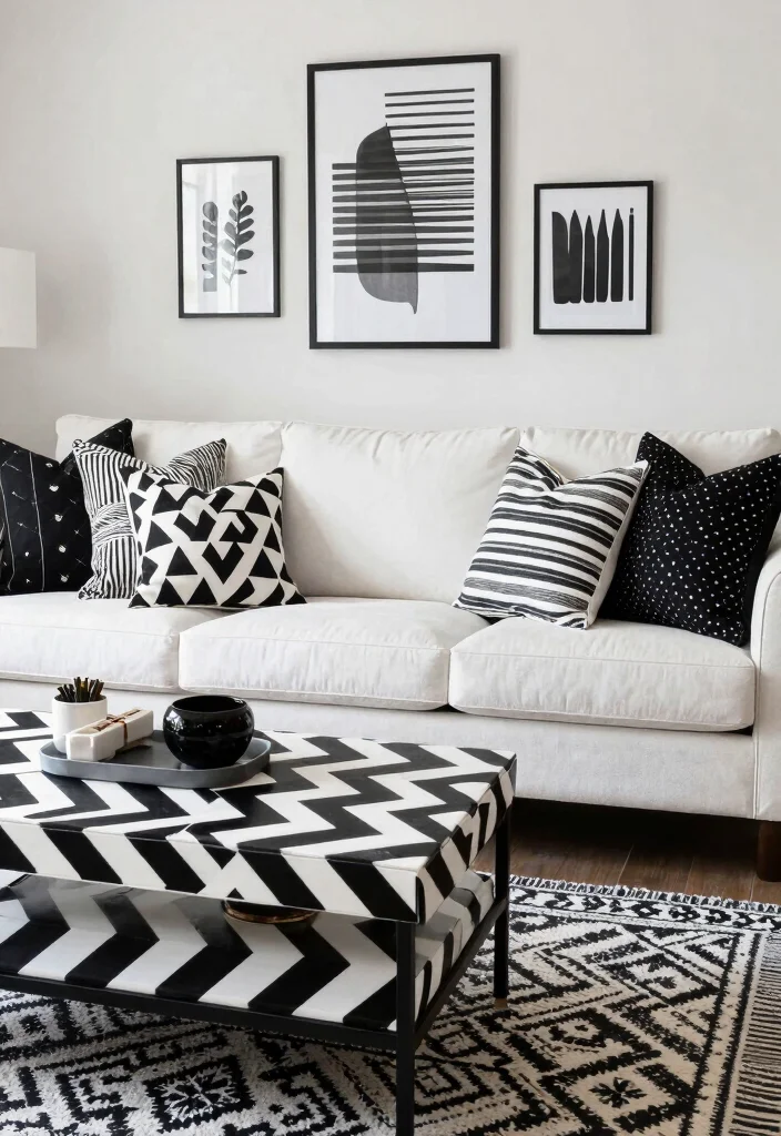 14 Modern Black and White Living Room Ideas with Contrast 3. The Power of Patterns 0
