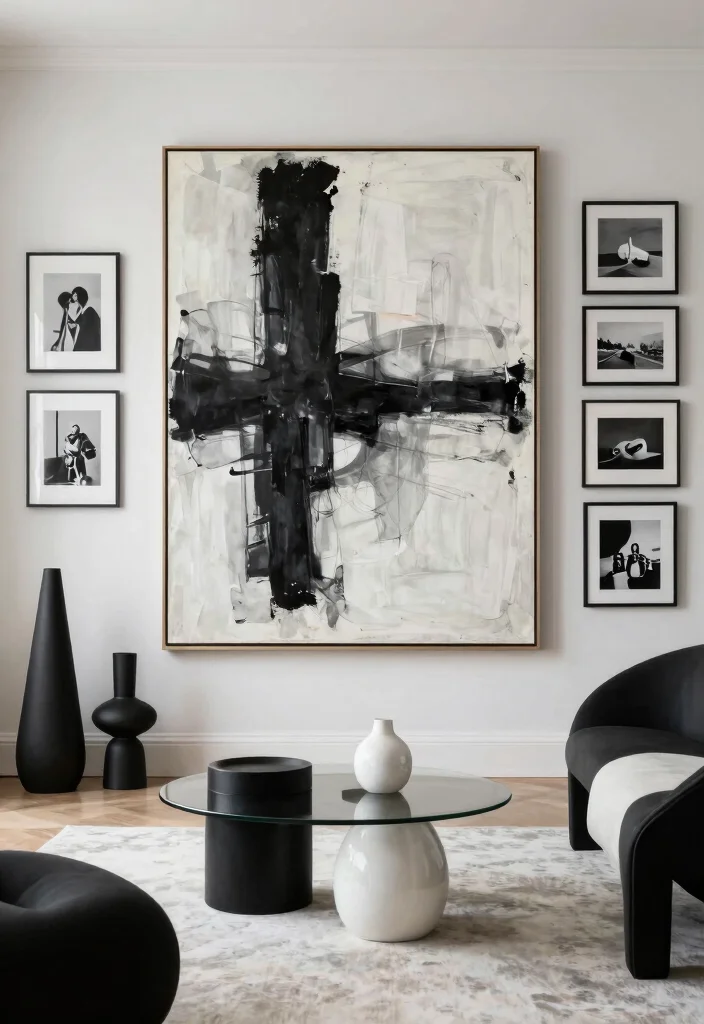14 Modern Black and White Living Room Ideas with Contrast 5. Artistic Accents 0