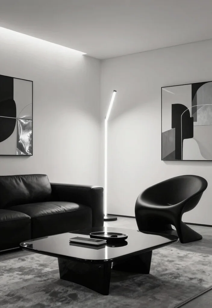 14 Modern Black and White Living Room Ideas with Contrast 7. Futuristic Touches 0