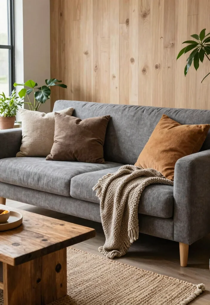 14 Modern Rustic Living Room Ideas with Natural Texture 1. Cozy Textured Sofa 0