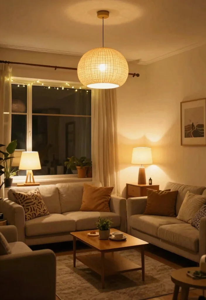 14 Modern Rustic Living Room Ideas with Natural Texture 11. Layered Lighting 0