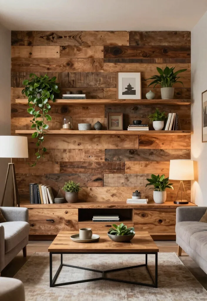 14 Modern Rustic Living Room Ideas with Natural Texture 2. Reclaimed Wood Accents 0
