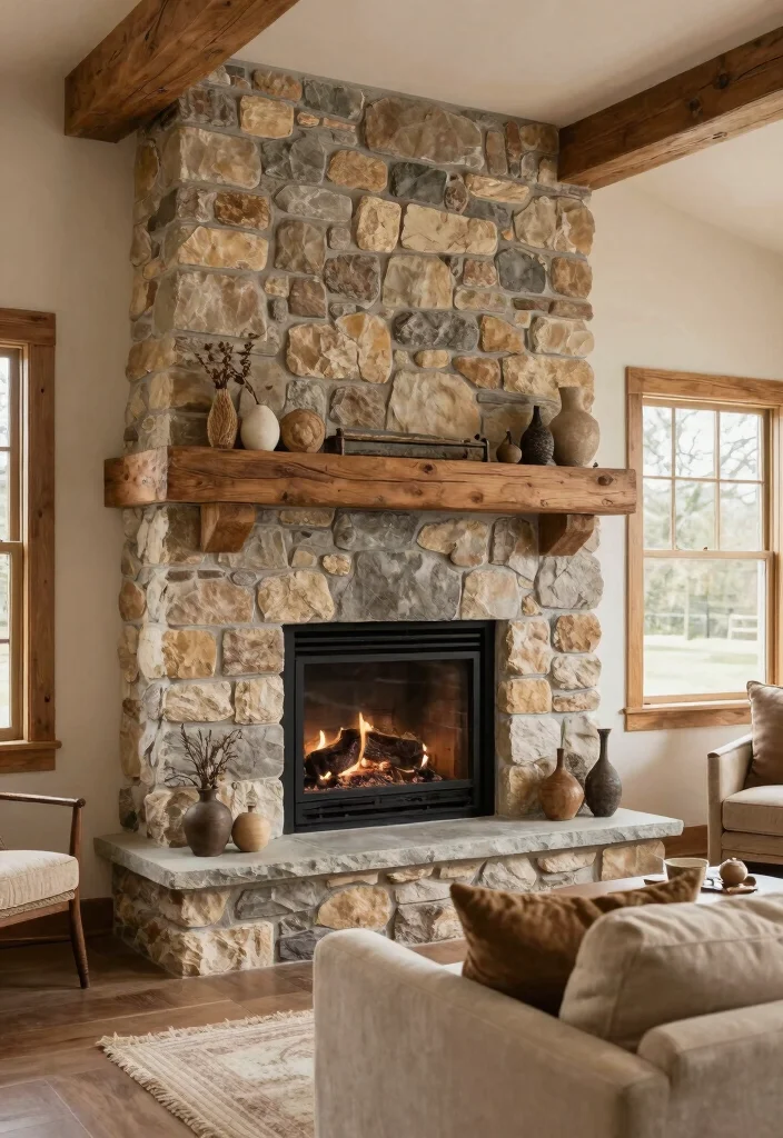 14 Modern Rustic Living Room Ideas with Natural Texture 5. Natural Stone Features 0