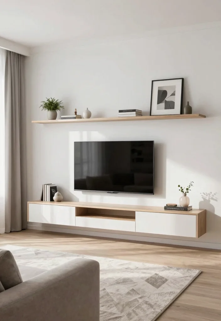 14 Modern TV Unit Ideas for Stylish Living Rooms 1. Floating Shelves and Minimalist TV Stand 0