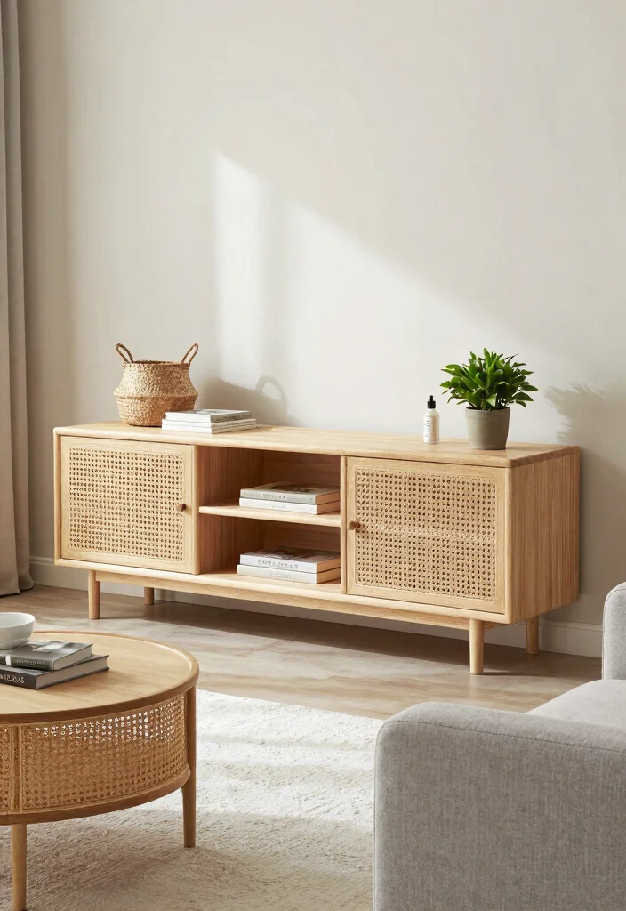 14 Modern TV Unit Ideas for Stylish Living Rooms 6. Minimalist Rattan Units 0