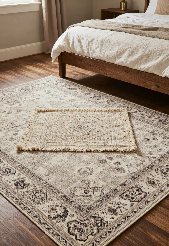 14 Rustic Farmhouse Bedroom Ideas with Cozy Charm 12. Layered Area Rugs 0