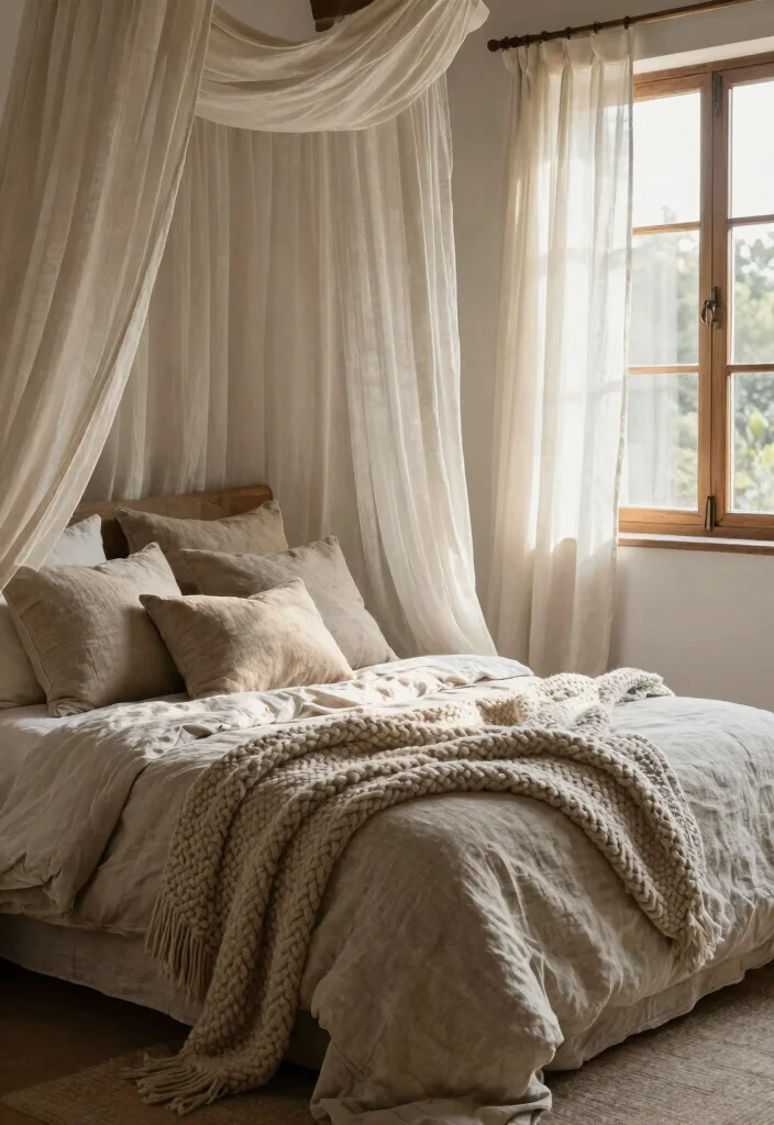 14 Rustic Farmhouse Bedroom Ideas with Cozy Charm 2. Soft Linen Textiles 0