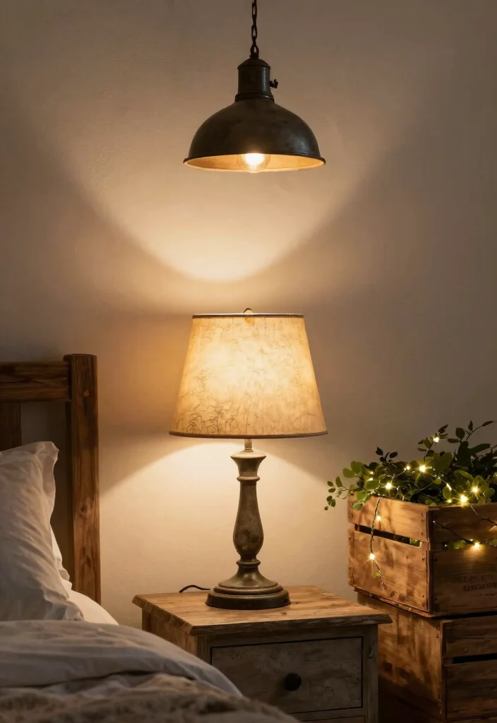 14 Rustic Farmhouse Bedroom Ideas with Cozy Charm 3. Vintage Inspired Lighting 0