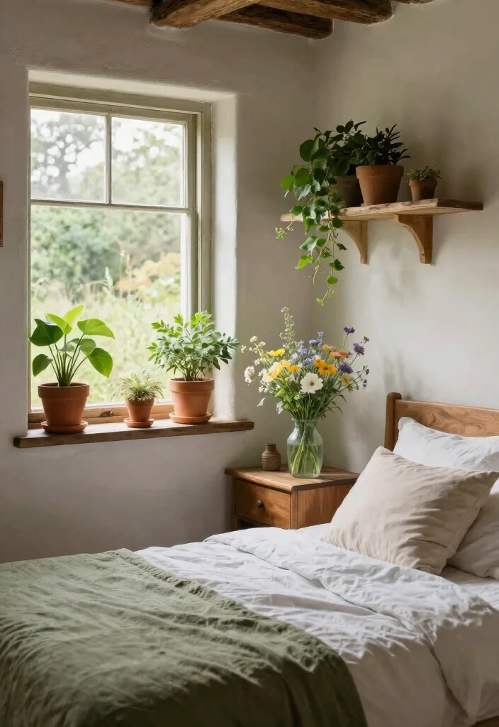 14 Rustic Farmhouse Bedroom Ideas with Cozy Charm 4. Natural Elements and Greenery 0