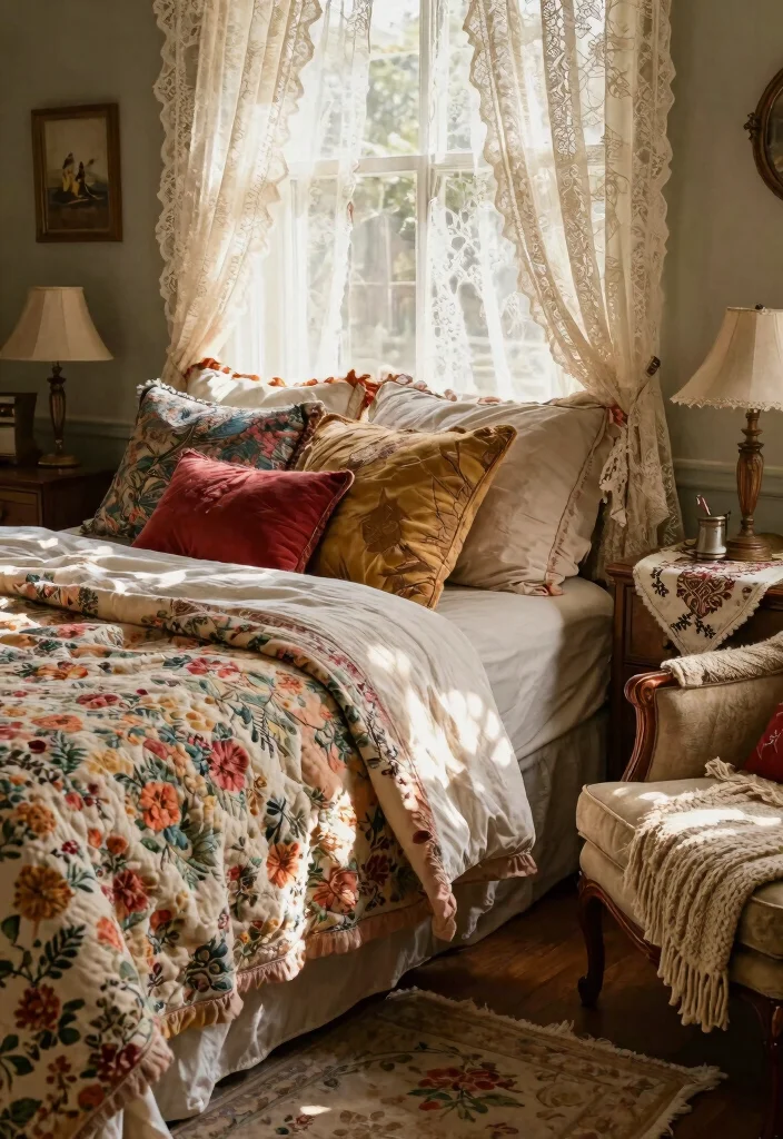 14 Vintage Bedroom Decor Ideas with Timeless Character 4. Vintage Inspired Textiles 0