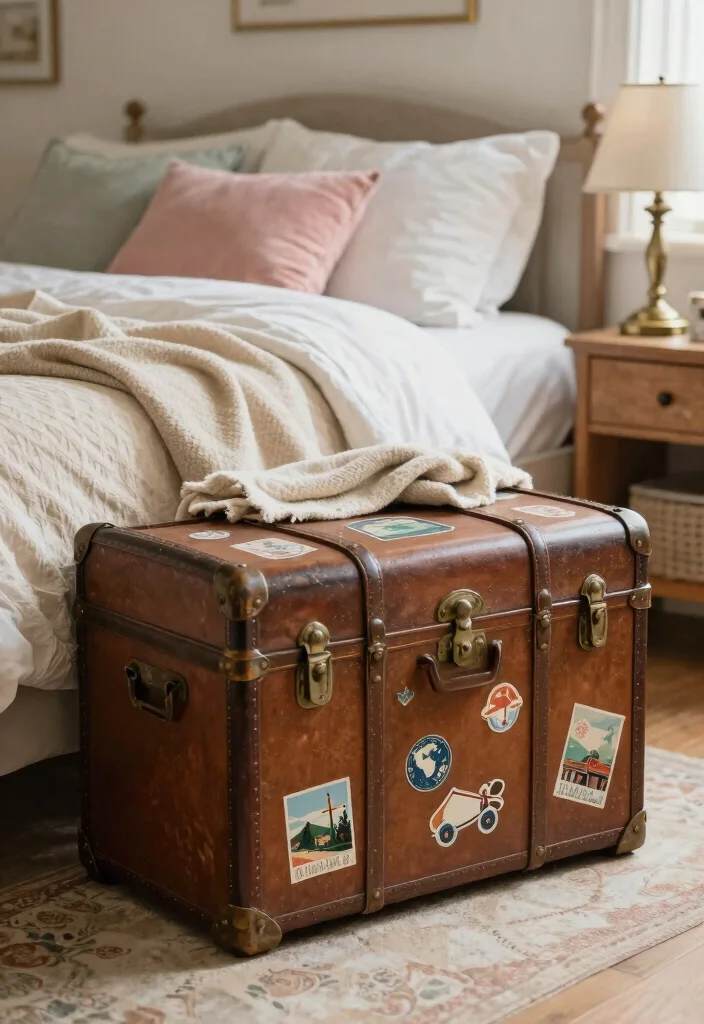 14 Vintage Bedroom Decor Ideas with Timeless Character 8. Vintage Trunks as Unique Storage Solutions 0